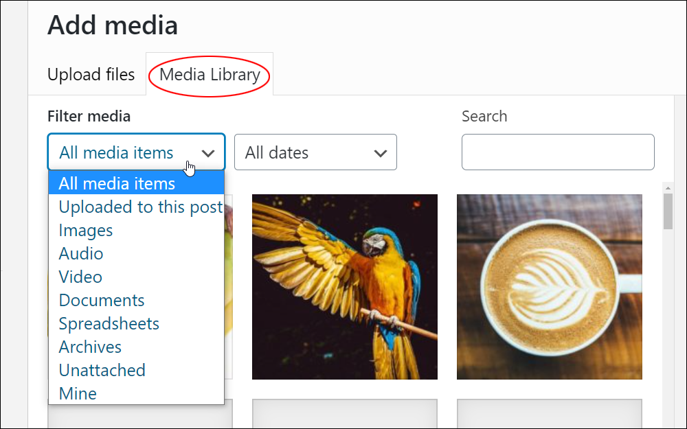 Add media screen - Media Library tab.