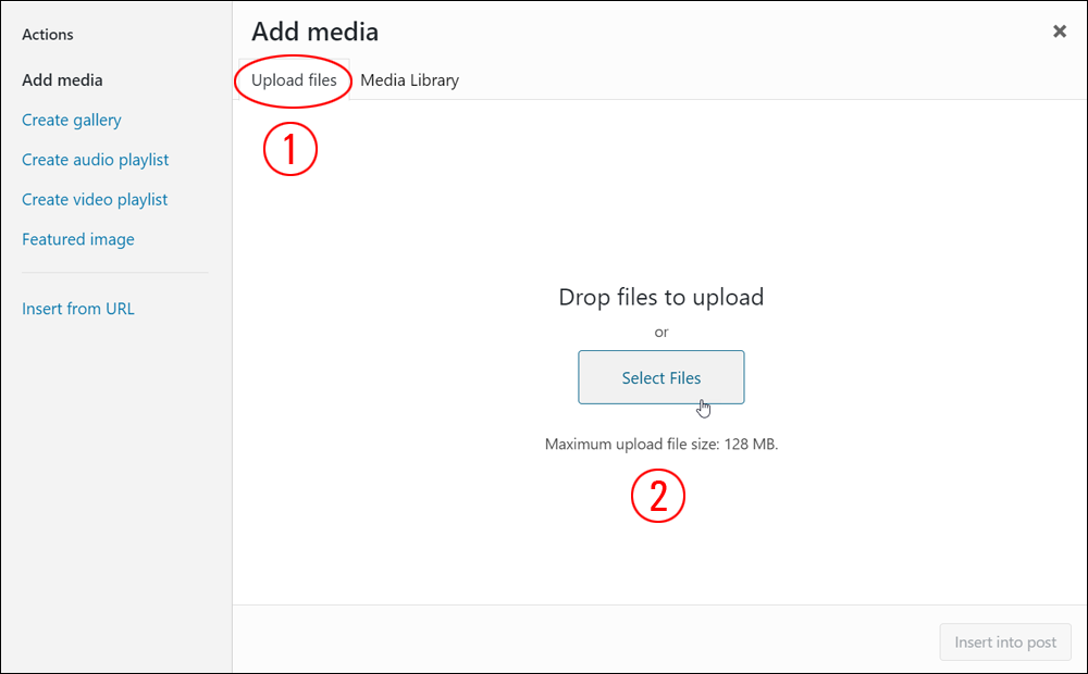 Add media screen - Upload files tab.