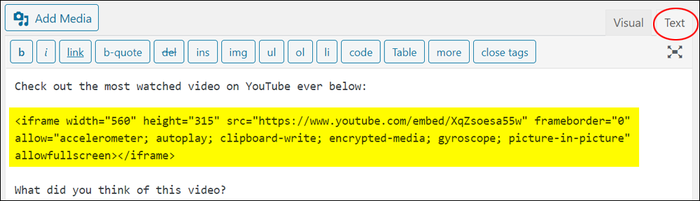 WordPress Classic Editor: Text tab with pasted code highlighted.