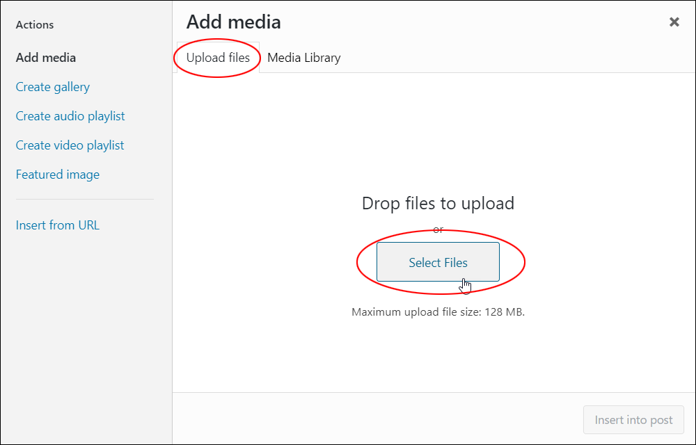 Add media screen: Upload files tab - Select Files button.