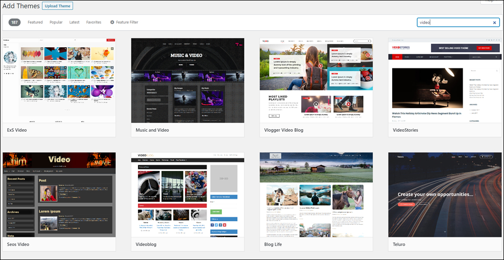 Add Themes screen - WordPress themes search results for video keyword search.