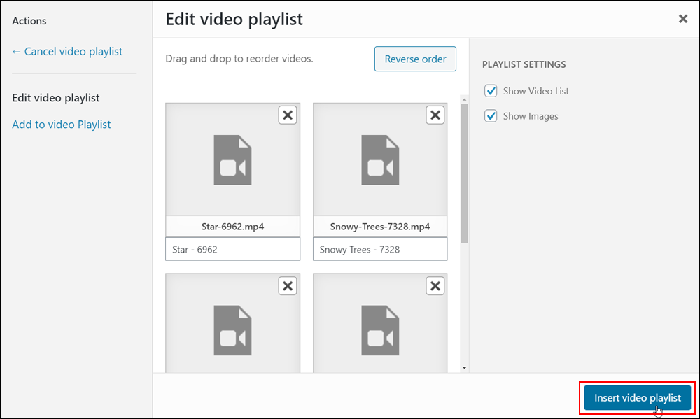 Edit video playlist screen options.