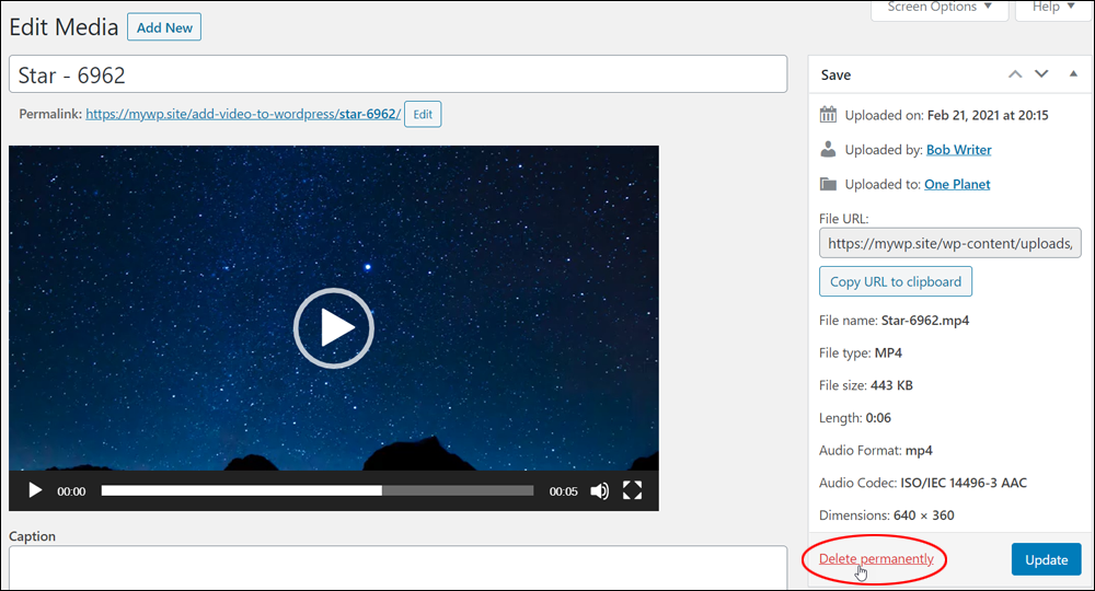 Edit Media screen - Delete permanently link.
