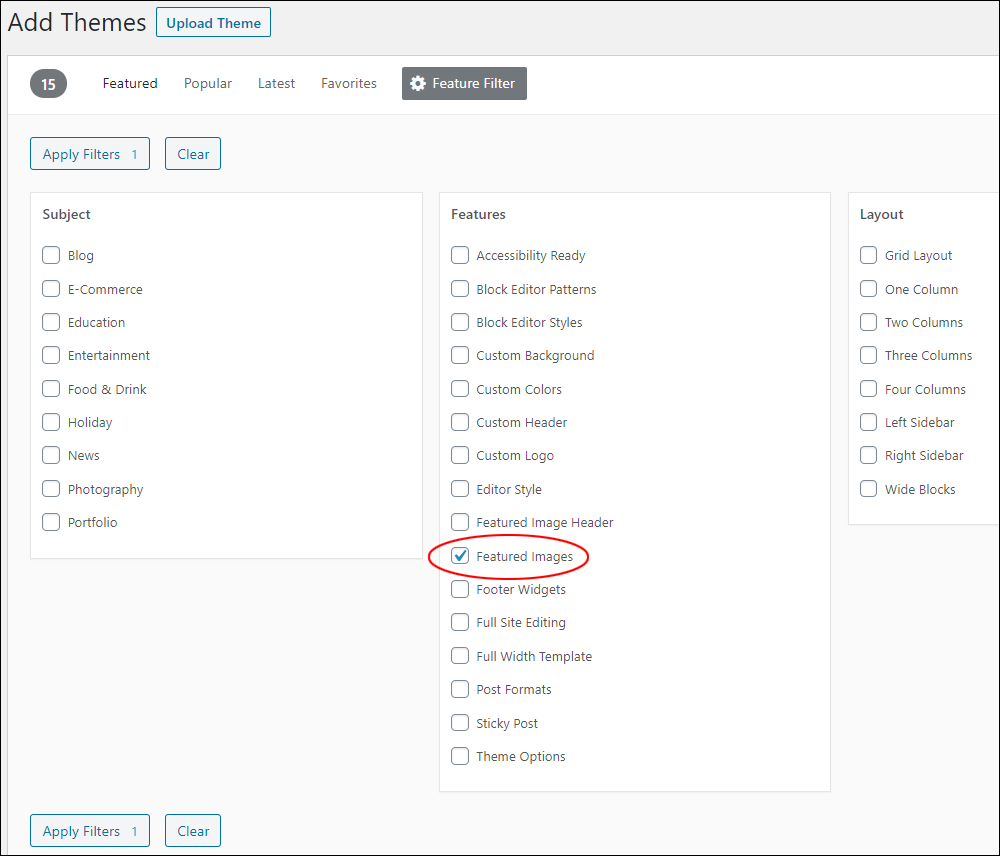 Add Themes - Feature Filter with eatured images selected.