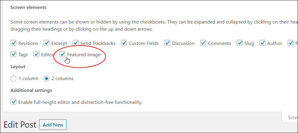 Screen Options tab: Screen elements - Featured image checkbox enabled.