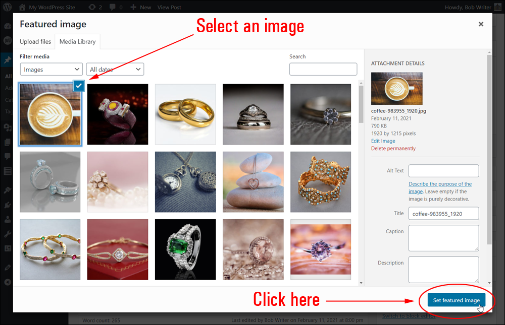 Featured image screen with image selected.