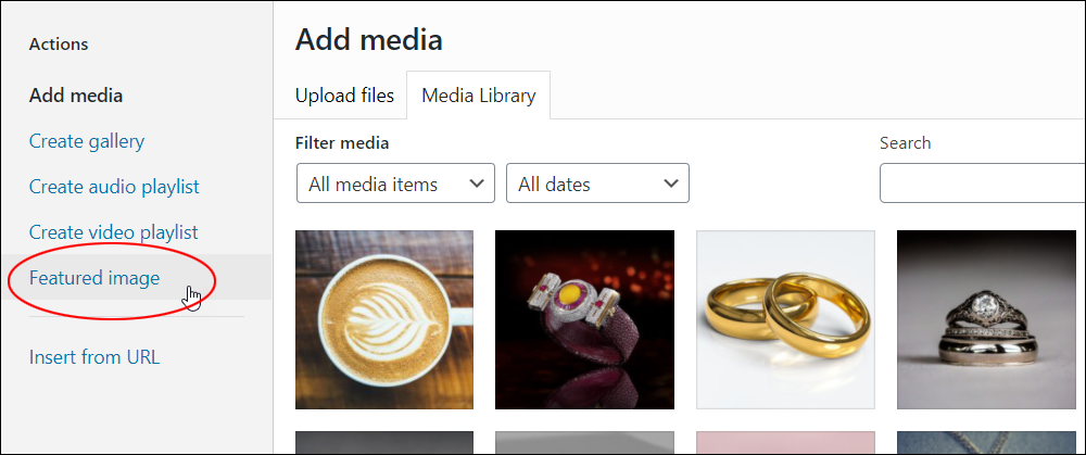 Add media screen: Add media menu - Featured image