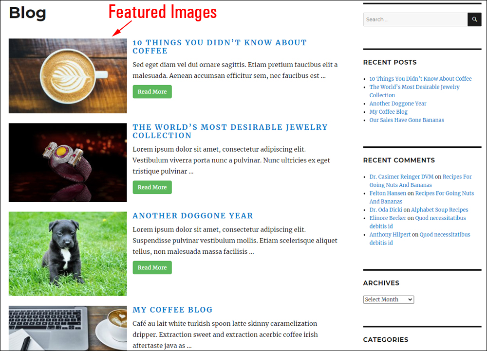 Sample blog page with featured images.