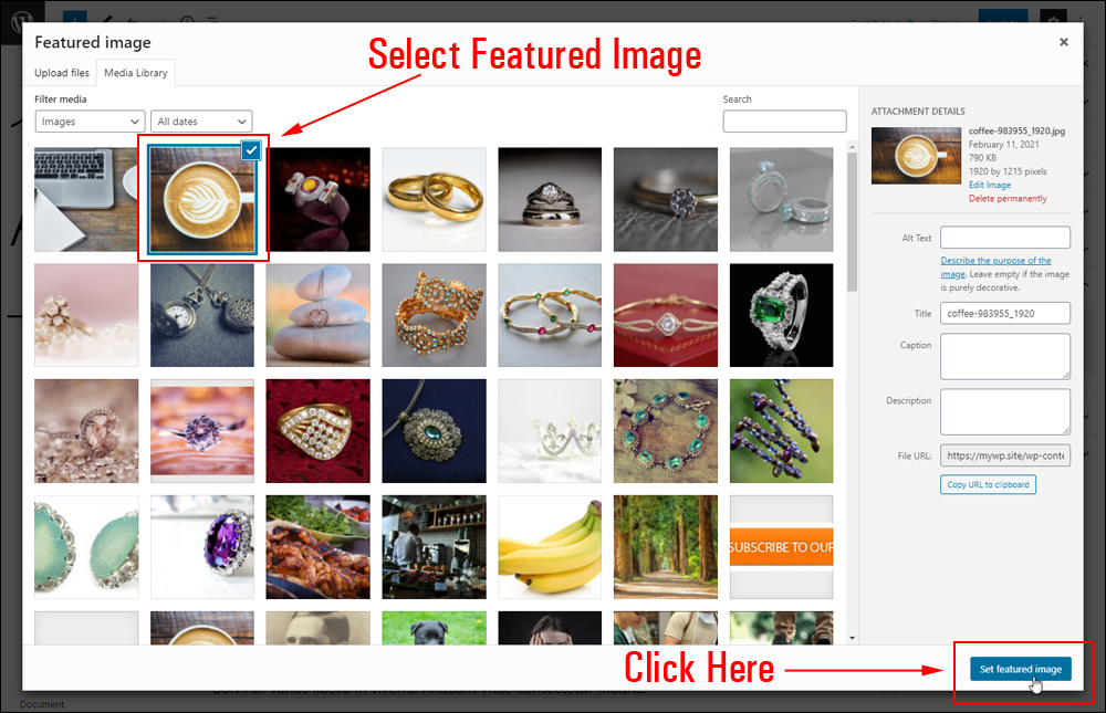 Featured imag screen - selecting and adding a featured image.