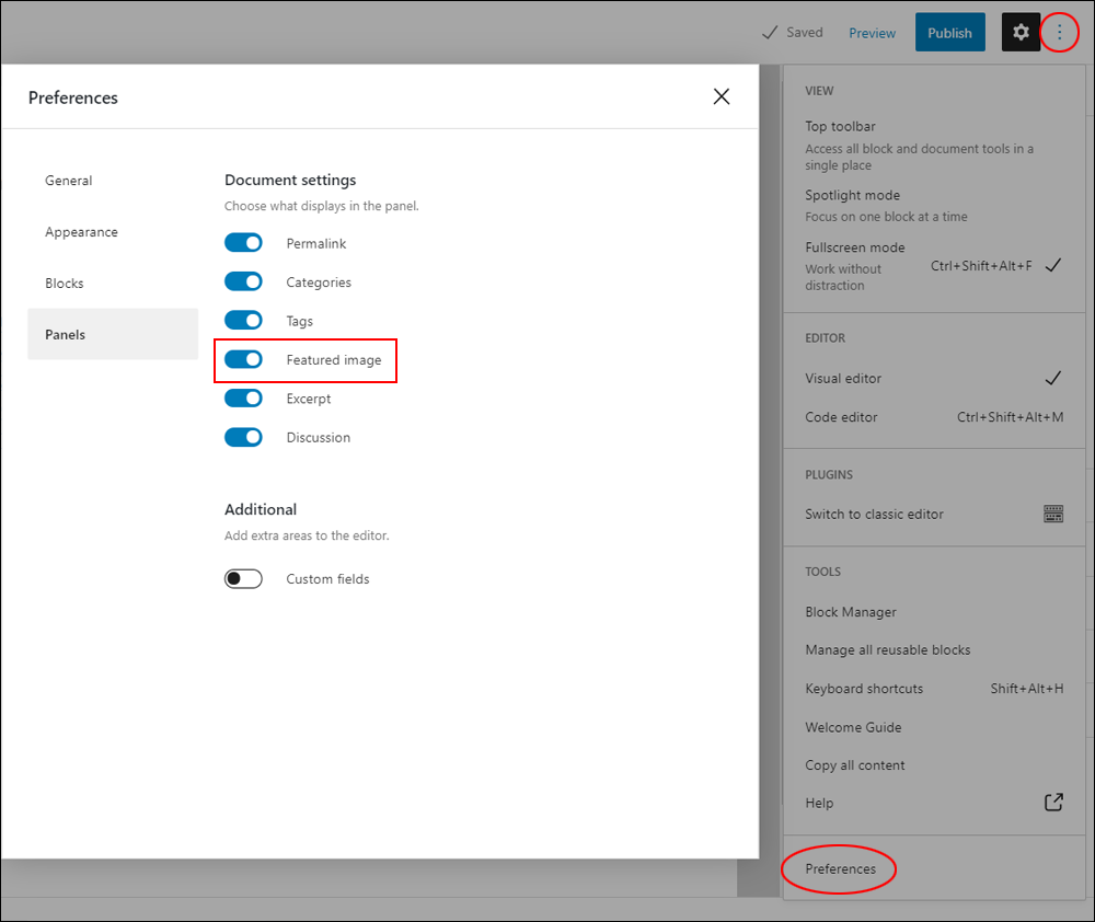 Featured image settings enabled in the Preferences - Panels section.