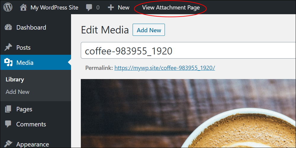 View Attachment Page link on the Admin toolbar.