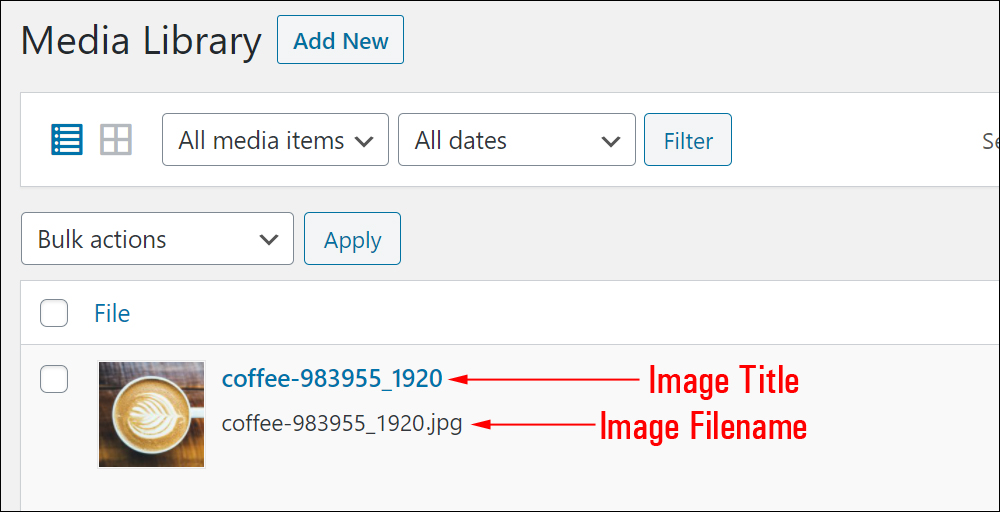 Media Library screen - Image Title and Image Filename.