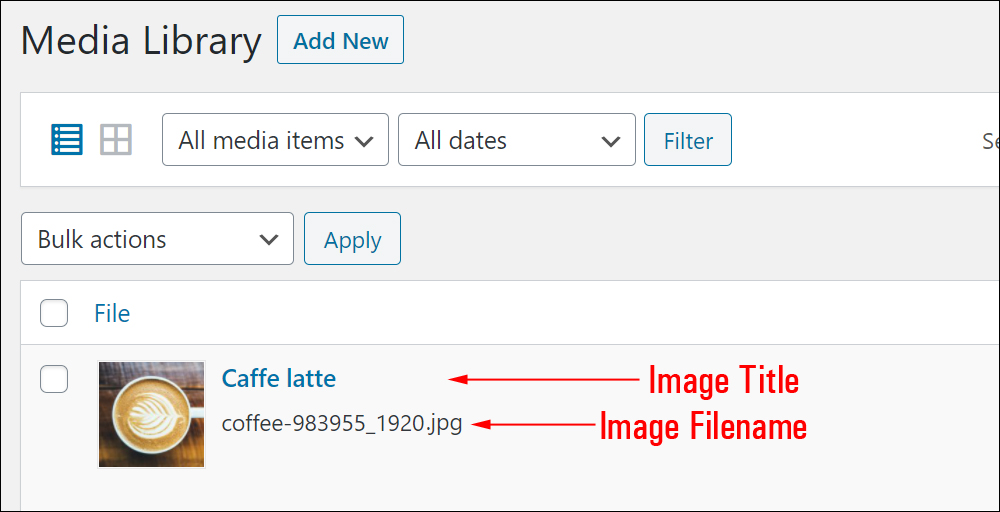 Media Library screen - Image Title vs Image Filename.