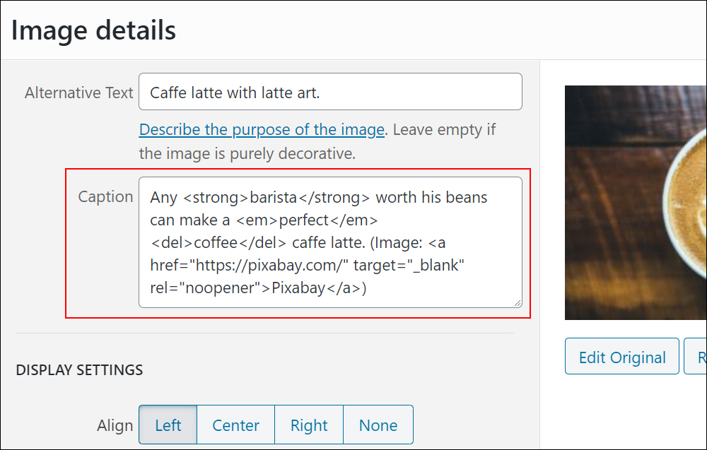 Image details screen - Adding HTML formatting to caption text.