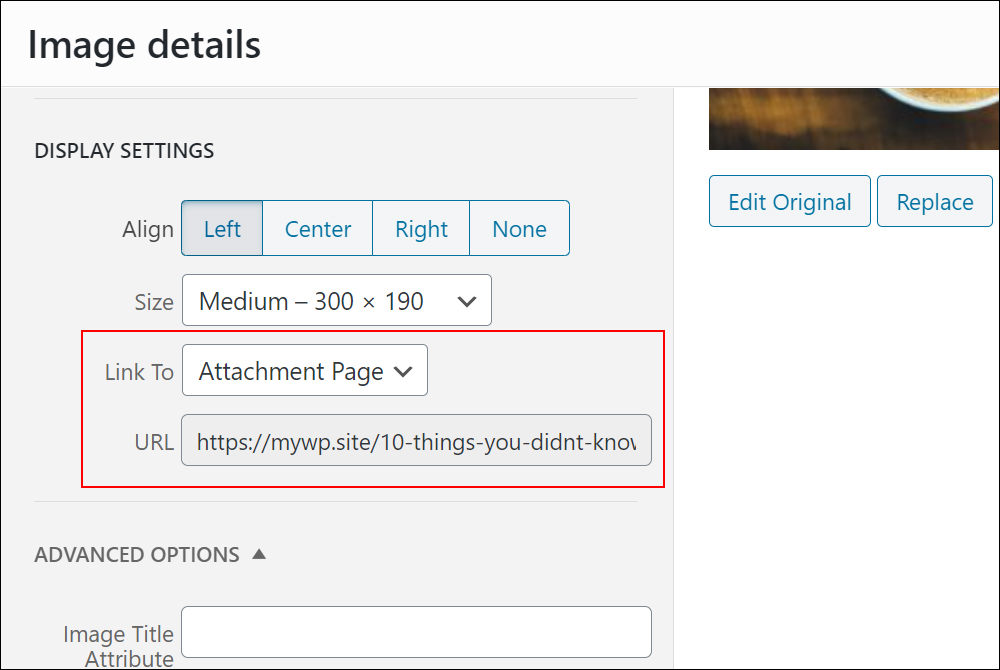 Image details screen: Display Settings section - Link To: Attachment Page selected.