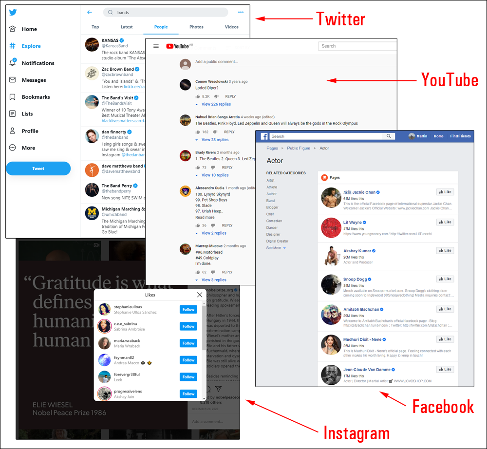 Composite image of social network discussion and commenting pages displaying avatars.