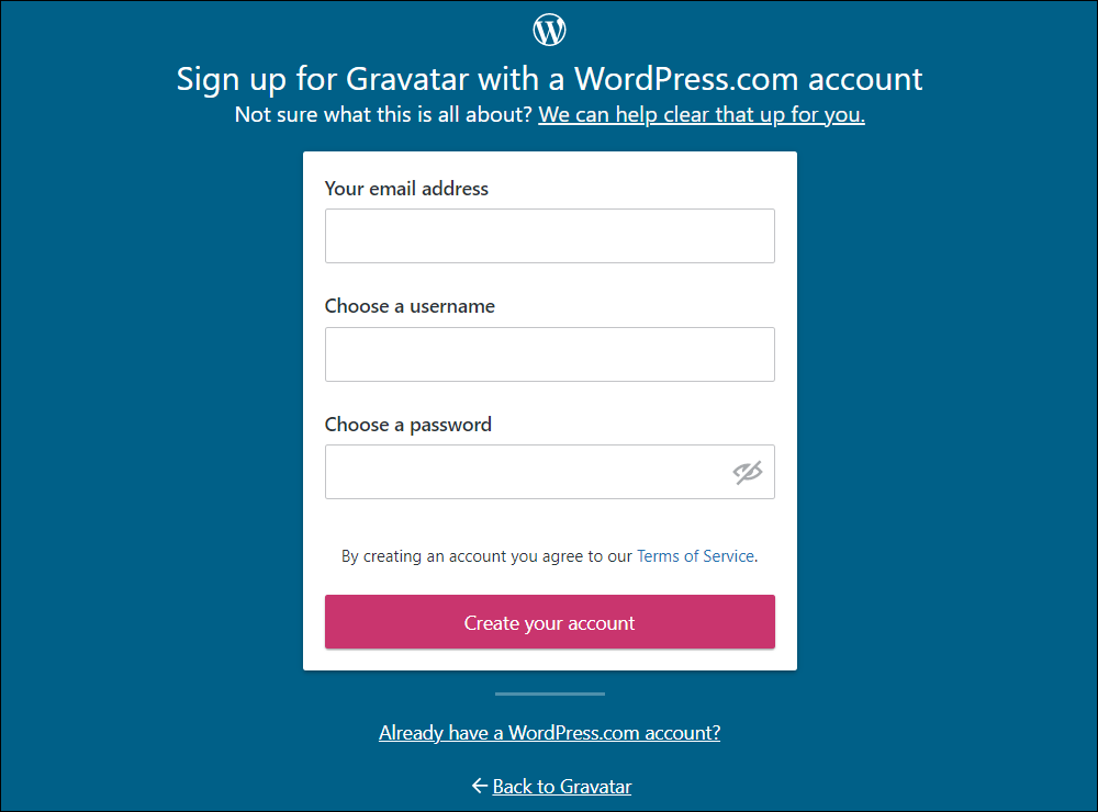 WordPress.com account registration screen.