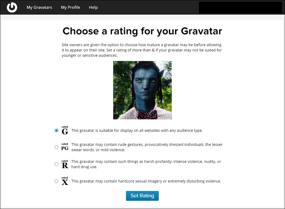 Choose a rating for your Gravatar.