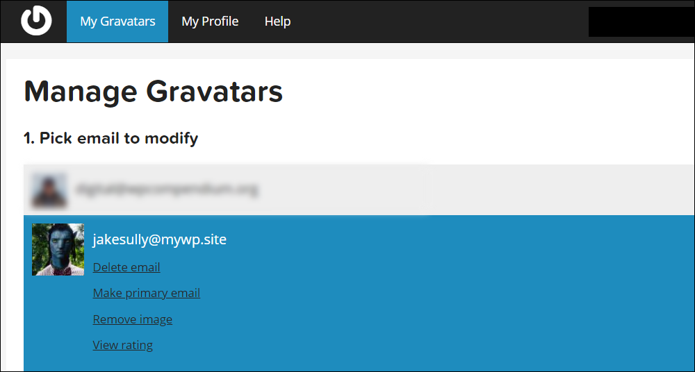 Manage Gravatars screen.