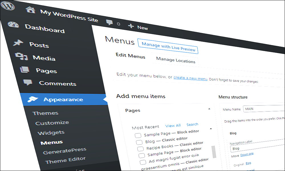 WordPress Menus screen.