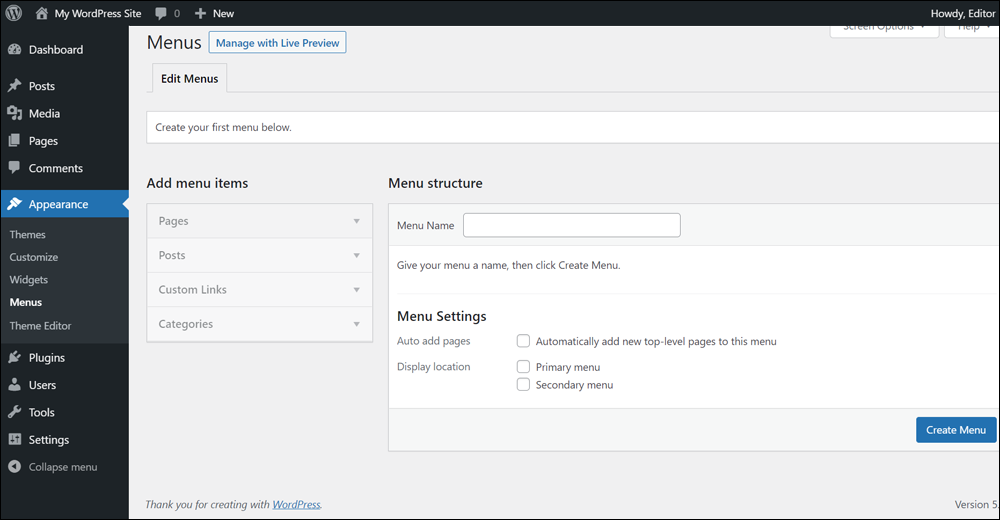 WordPress Menus screen - Create your first menu.