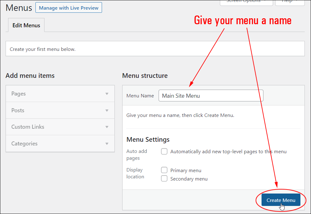 WordPress Menus screen: Edit Menus tab - Menu structure section - Menu Name field.