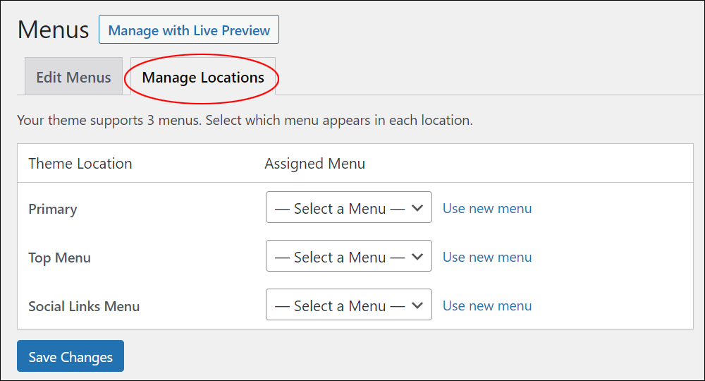 WordPress Menus screen - Manage Locations tab - This theme supports three menus.