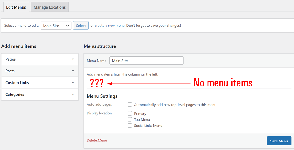 WordPress Menus screen - Edit Menus tab - No menu items added yet.