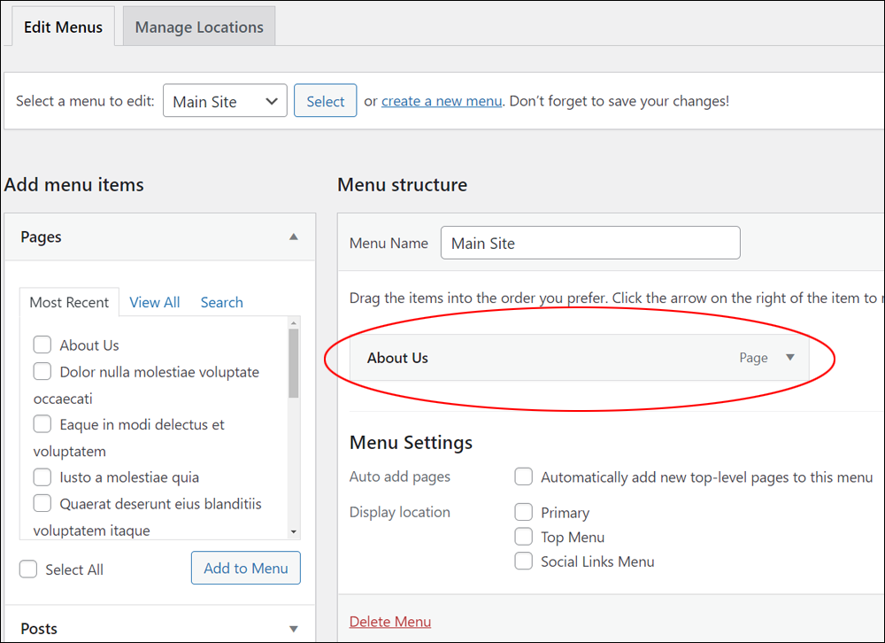 WordPress Menus screen: Adding menu items to Menu structure.