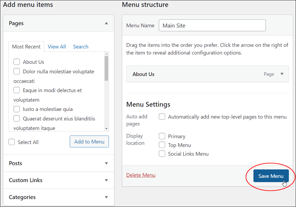 WordPress Menus screen: Save Menu button.