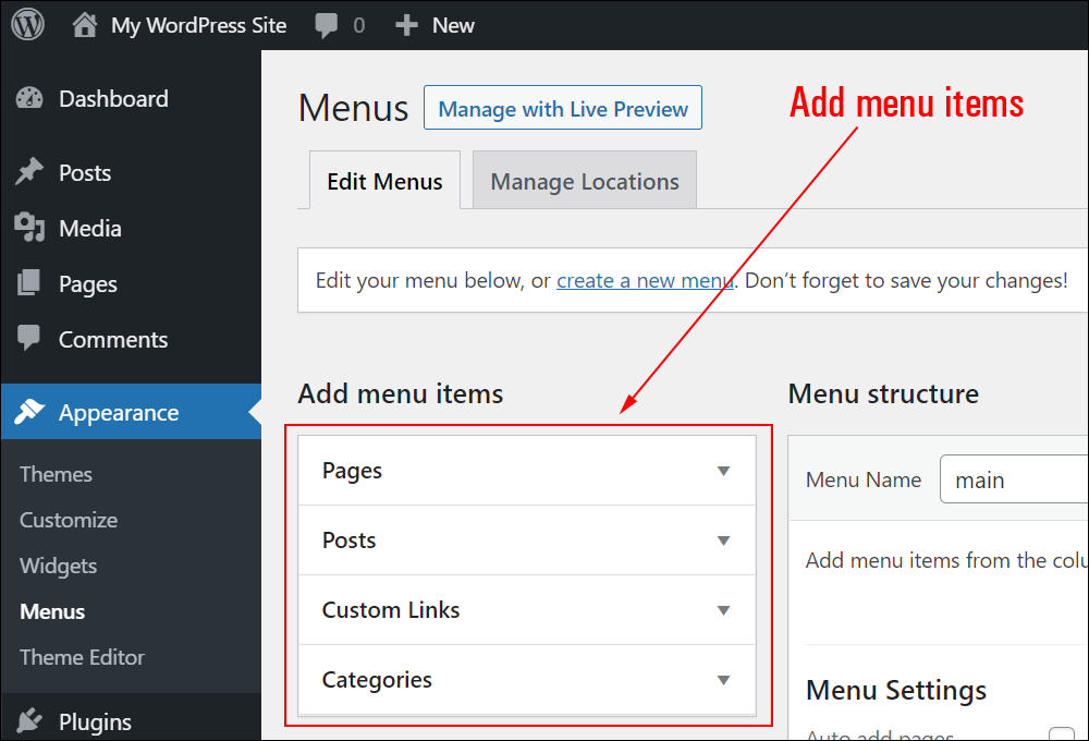 WordPress Menus screen - Add menu items.