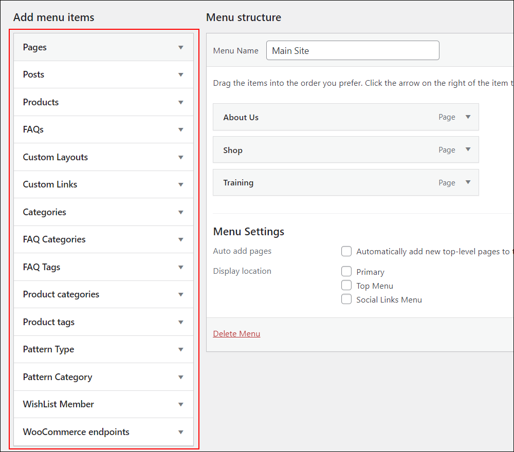 WordPress Menus screen - Expanded Add menu items.