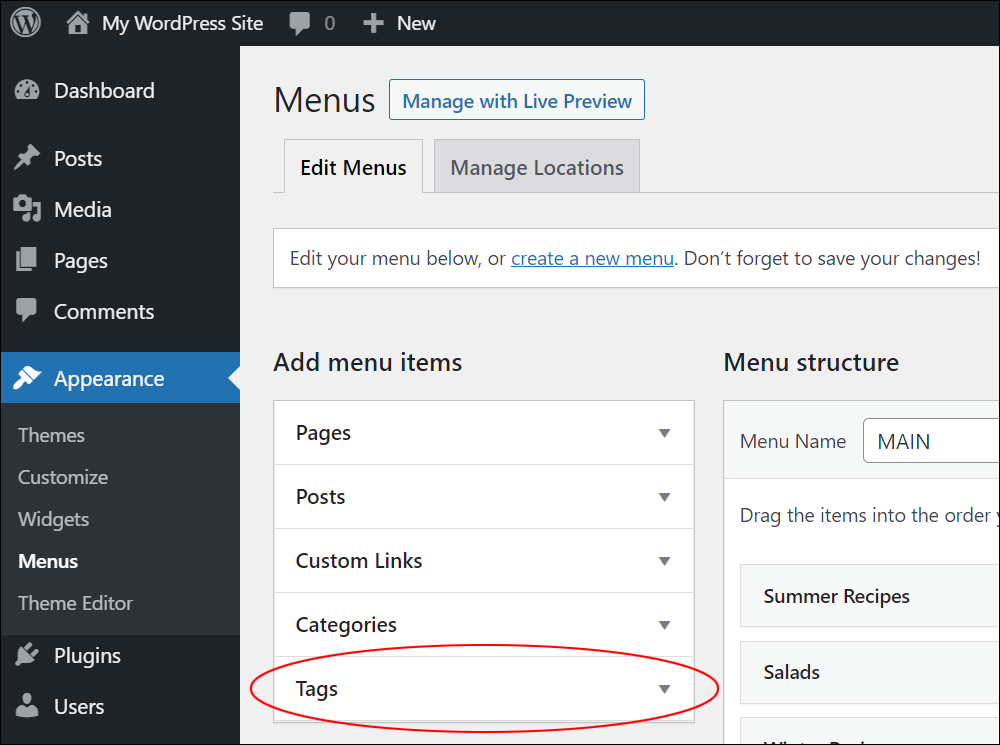 WordPress Menus screen: Add menu items - Tags