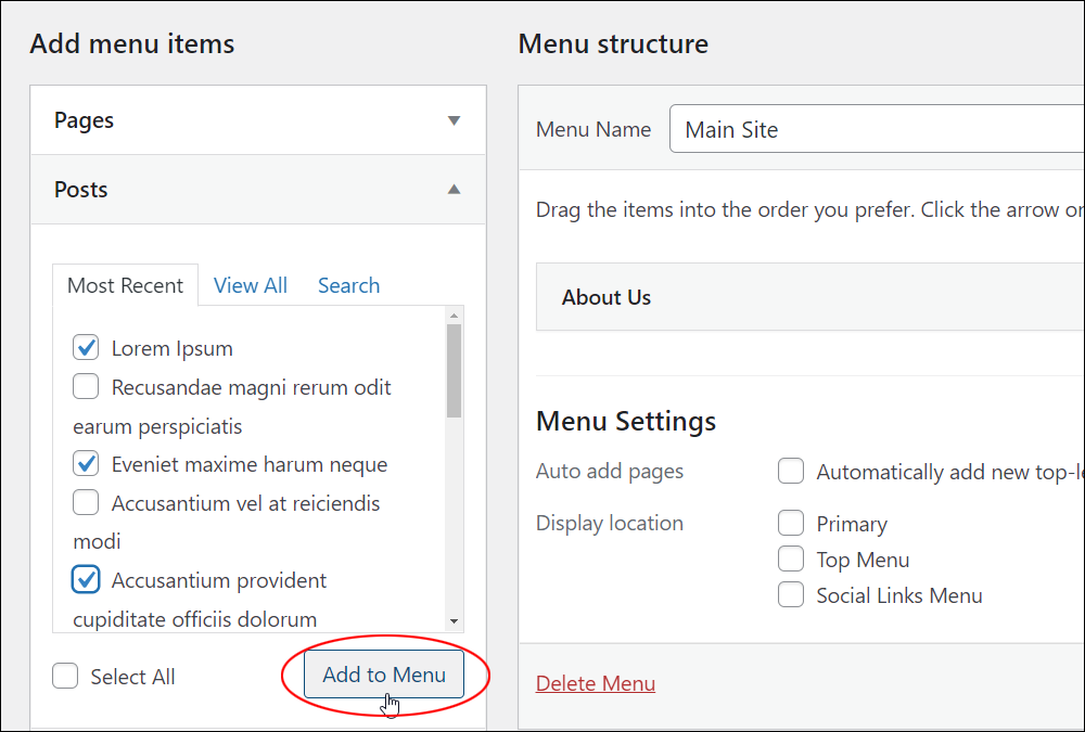 WordPress Menus screen: Add menu items- selcting multiple menu items.