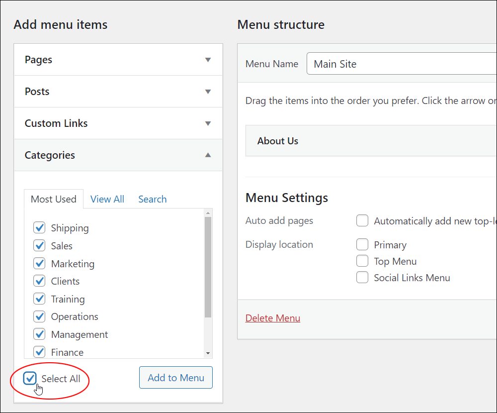 WordPress Menus screen: Add menu items - Select All checkbox.