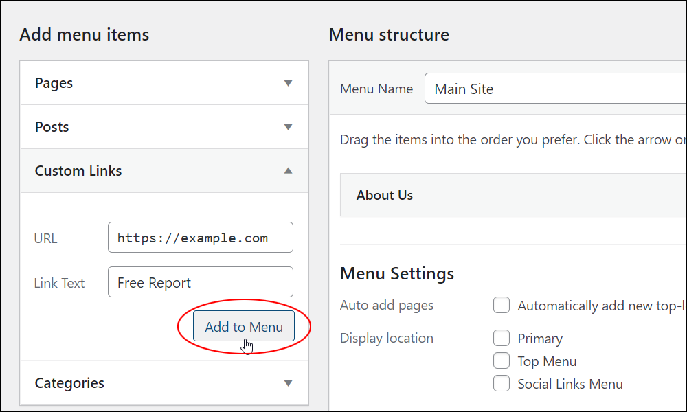 WordPress Menus screen: Add menu items - Custom Links panel.