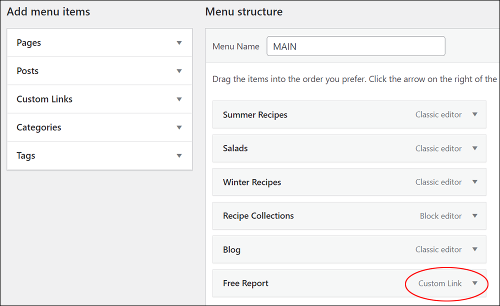 WordPress Menus screen: Menu structure - Custom Link.