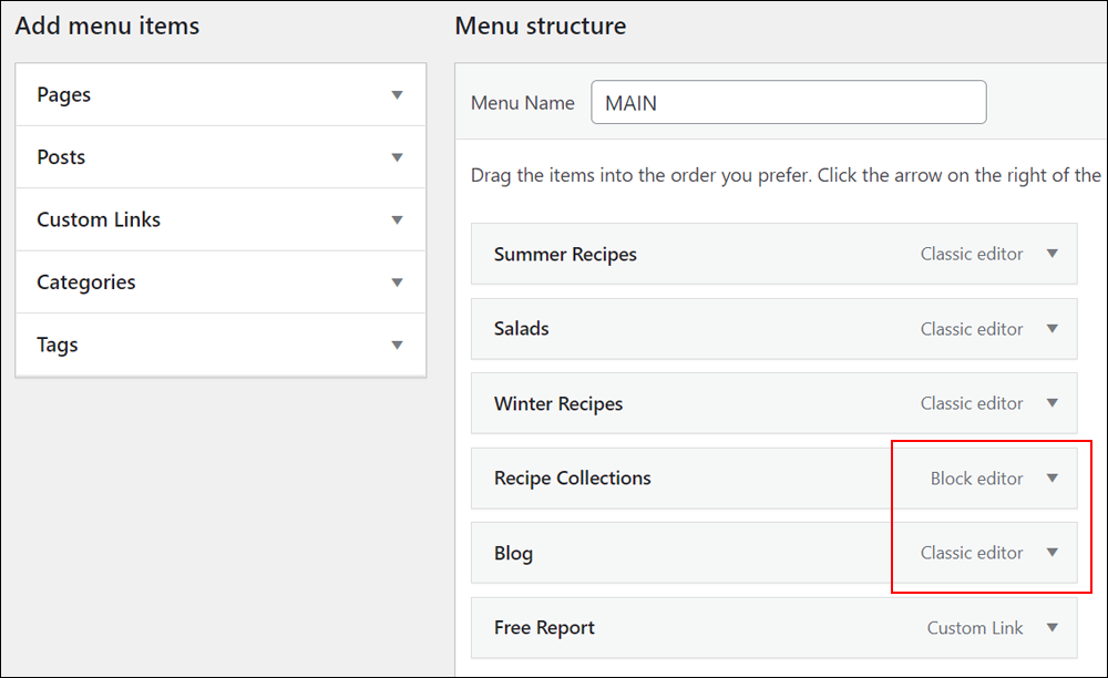 WordPress Menus screen: Menu structure - Block vs Classic editor links.