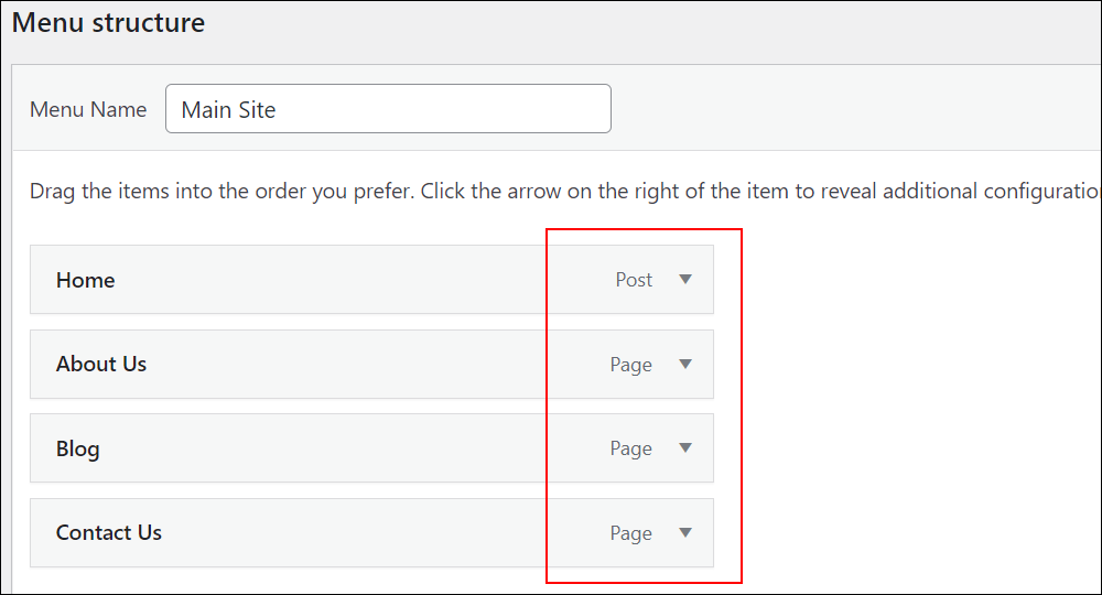 WordPress Menus screen: Menu structure - Posts and Pages