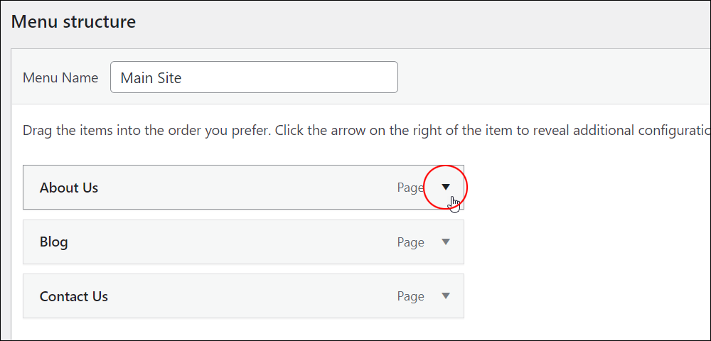 WordPress Menus screen: Menu structure - Expanding and collapsing menu items.