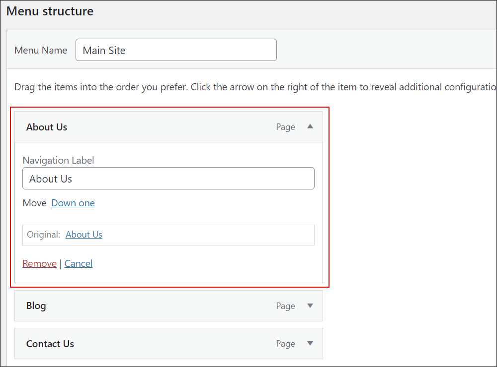 WordPress Menus screen: Menu structure - expanded menu item.