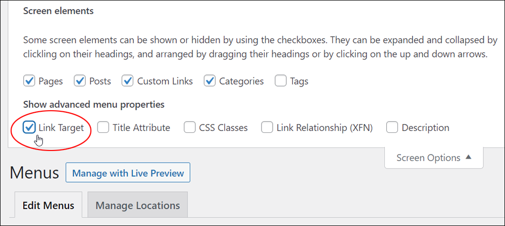 Screen Options tab - Show advanced menu properties - Link Target checkbox enabled.