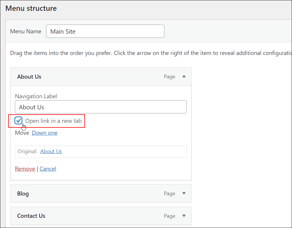 WordPress Menus screen - Menu structure section - Open link in a new tab.