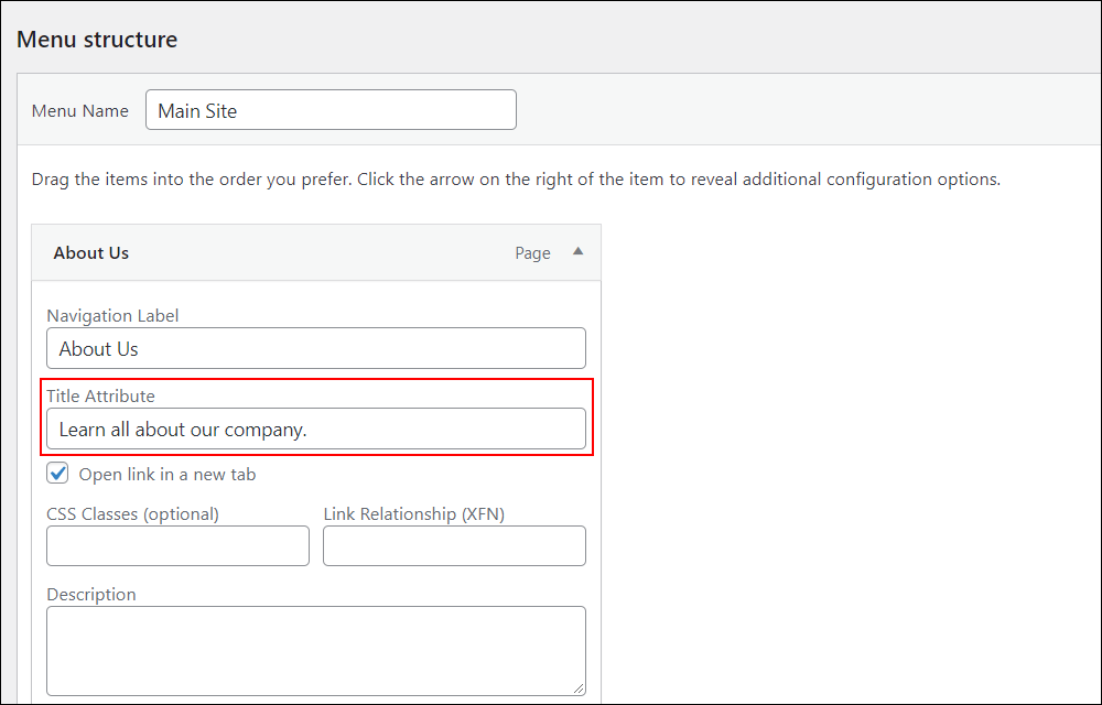 WordPress Menus screen: Menu structure - Menu item - Title Attribute