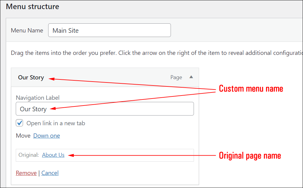 WordPress Menus screen: Menu structure - customize menu item labels.