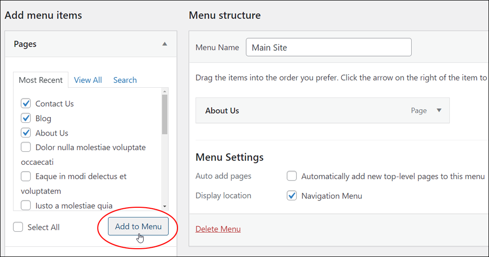 WordPress Menus screen: Add menu items - Add selected items to menu.