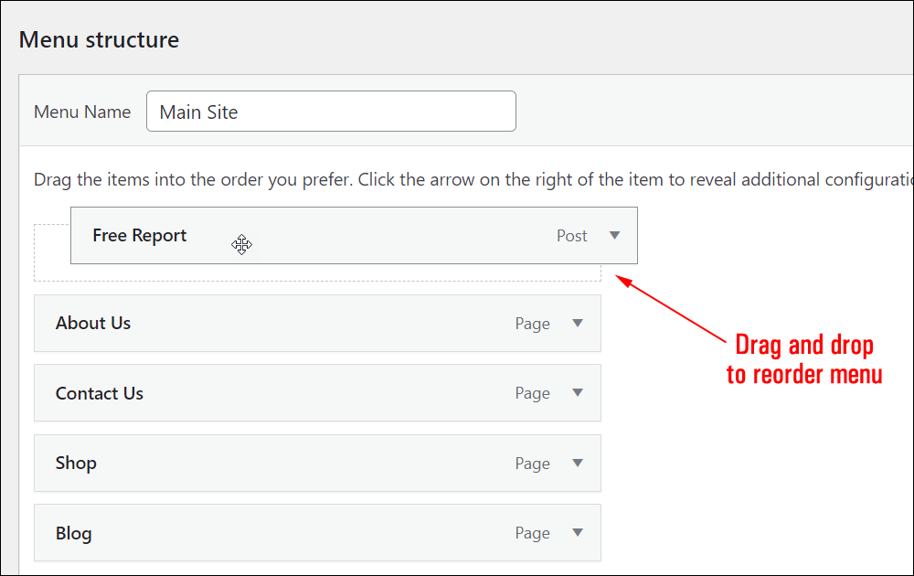 WordPress Menus screen - Menu structure - reordering menu items.