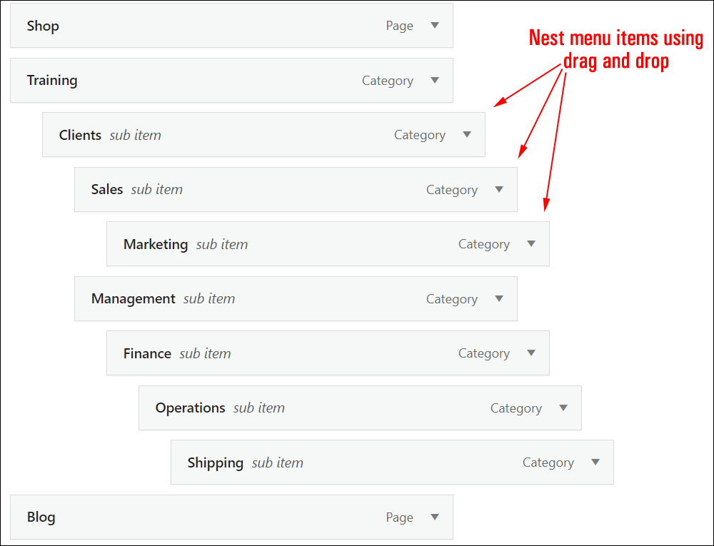 WordPress Menus screen - Menu structure - nested menu items.