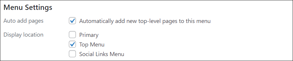 WordPress Menus screen - Menu Settings section.