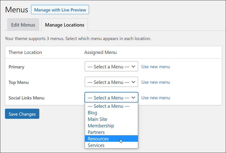 WordPress Menus screen - Manage Locations - Assigned menus